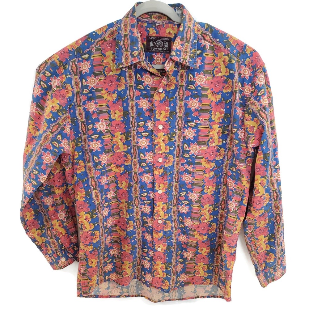 Vintage Tom‎ Tailor Shirt Mens Large Blue Pink Yellow Floral Button Up 90s India